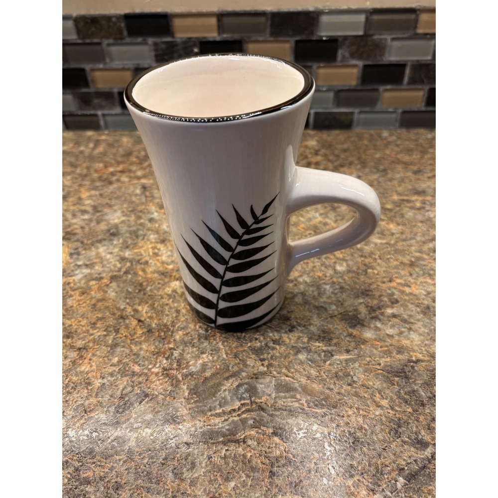 Evandale Tall White Ceramic Latte Mug Black Fern Leaf Botanical Design 6 Inch - Picture 1 of 9